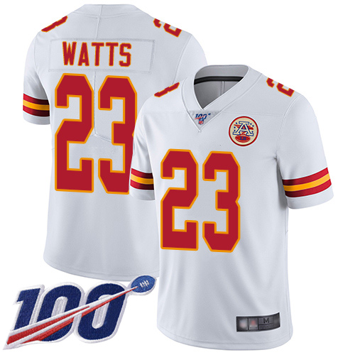 Men Kansas City Chiefs #23 Watts Armani White Vapor Untouchable Limited Player 100th Season Football Nike NFL Jersey